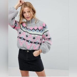 Tally Weijl Fair Isle Chunky Pullover Boxy Turtleneck Grey Cropped Sweater Sz M